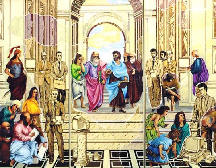 La Scuola di Atene - Trittico (2001) Serie clonazioni (Raffaello Sanzio) Pirografia e olio su tavola - cm. 170x130. Opera di Luciano Buda (nato a Trento nel 1943)